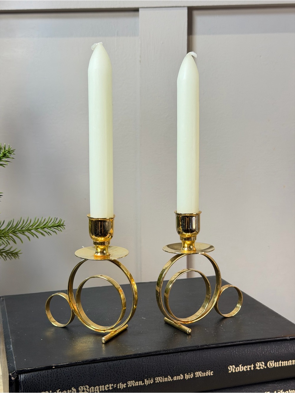 Pair Gold Spiral Taper Candle Holders with White Candles - circular ring design